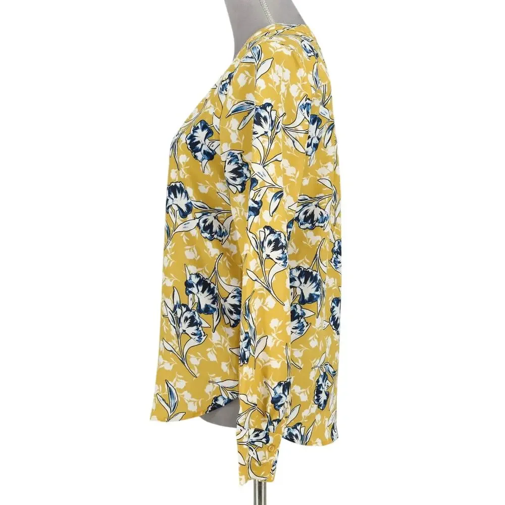 J Crew Top Womens Small Gold Blue White Floral Tunic Blouse Pullover V-neck
